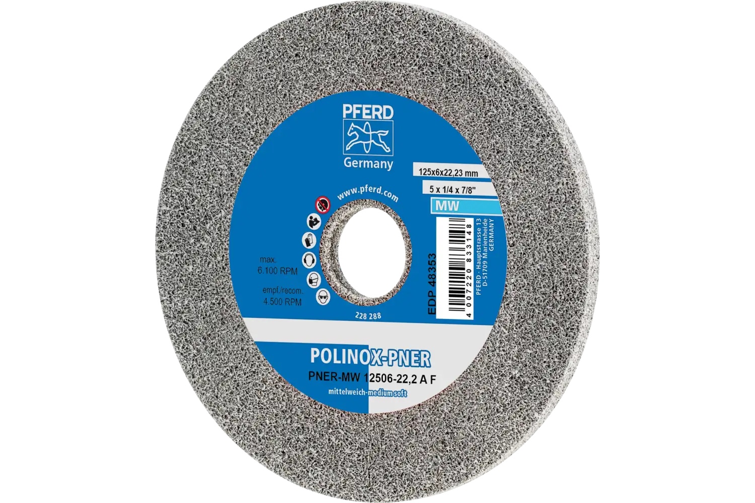 Picture of Pferd Polinox® Unitized Wheel, 5" X 1/4 X 7/8, Fine, Soft, 3Af, Aluminum Oxide
